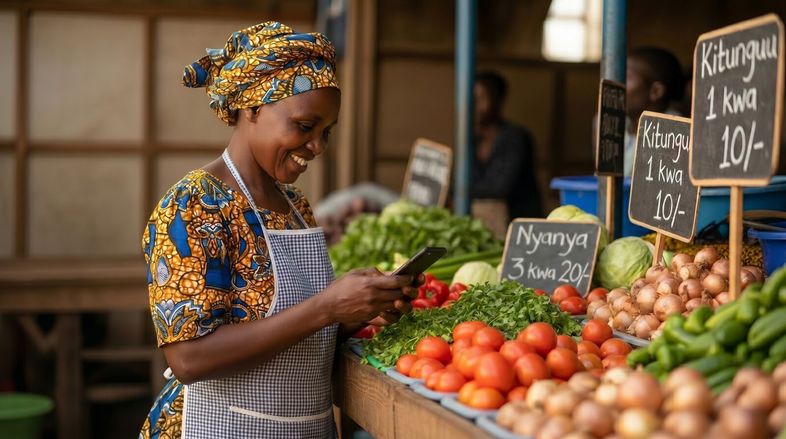 A market vendor in Nairobi smiles while checking her phone at a vegetable stall.